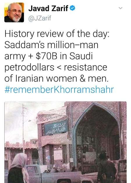 توئیت ظریف بمناسبت سوم خرداد؛ ارتش میلیونی صدام کوچکتر از مقاومت ایرانیان
