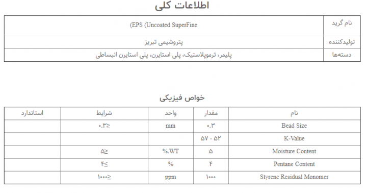 آنالیز مواد EPS (Uncoated SuperFine) 