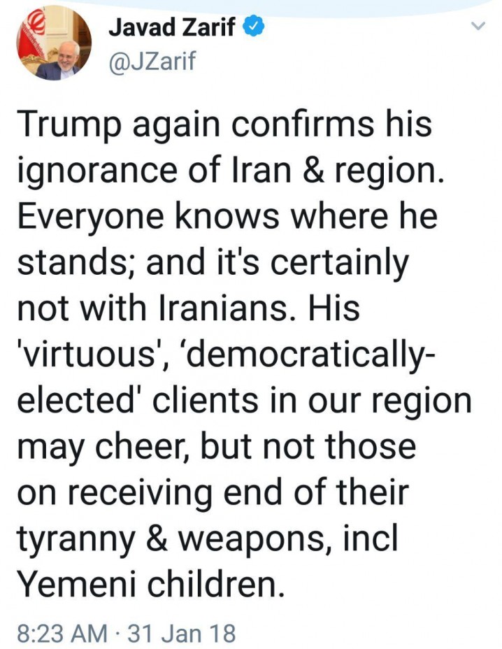 ظریف: ترامپ باردیگر جهالتش را نسبت به ایران و منطقه ثابت کرد